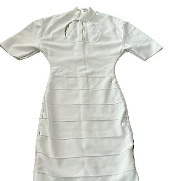 Herve Leger Paris Womens Dress XS White Short Sleeve Mock Neck Cut Out Rib Mini - Picture 2 of 12